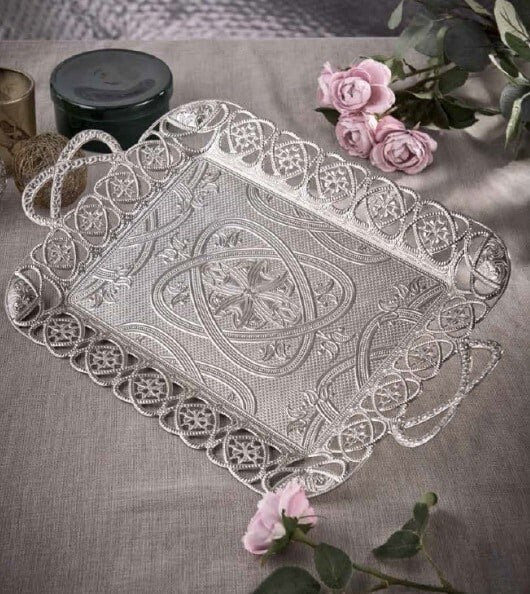 Eksen Ottoman Silver Color Tea Serving Tray