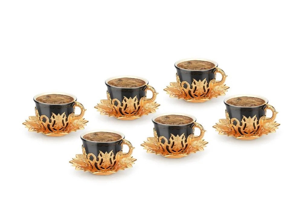 Ahsen Tulip Design Gold-Black Color Cups For Six