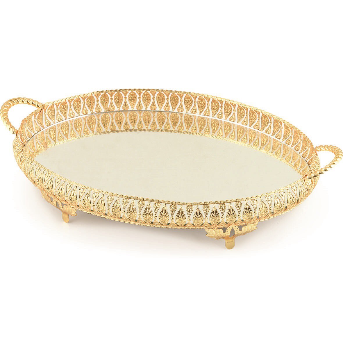 Golden Oval Mirror Vanity Serving Tray