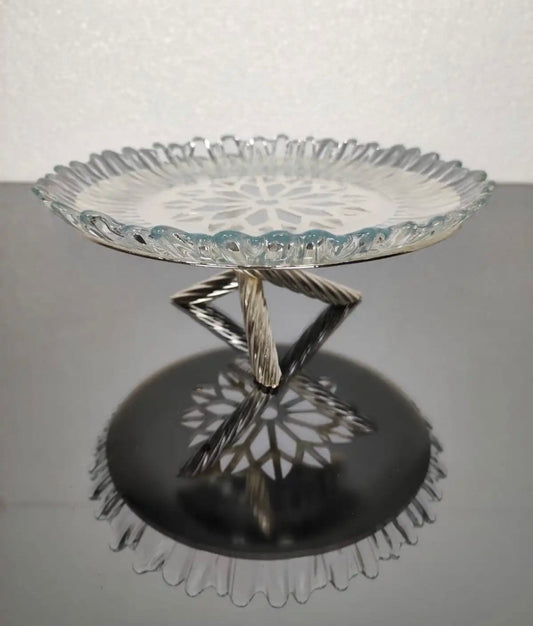 Yaren Round Silver Color Cookie Serving Stand With Glass Plate