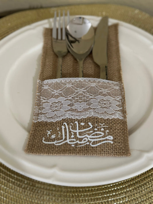 Customized Burlap Silverware Holders with White Lace