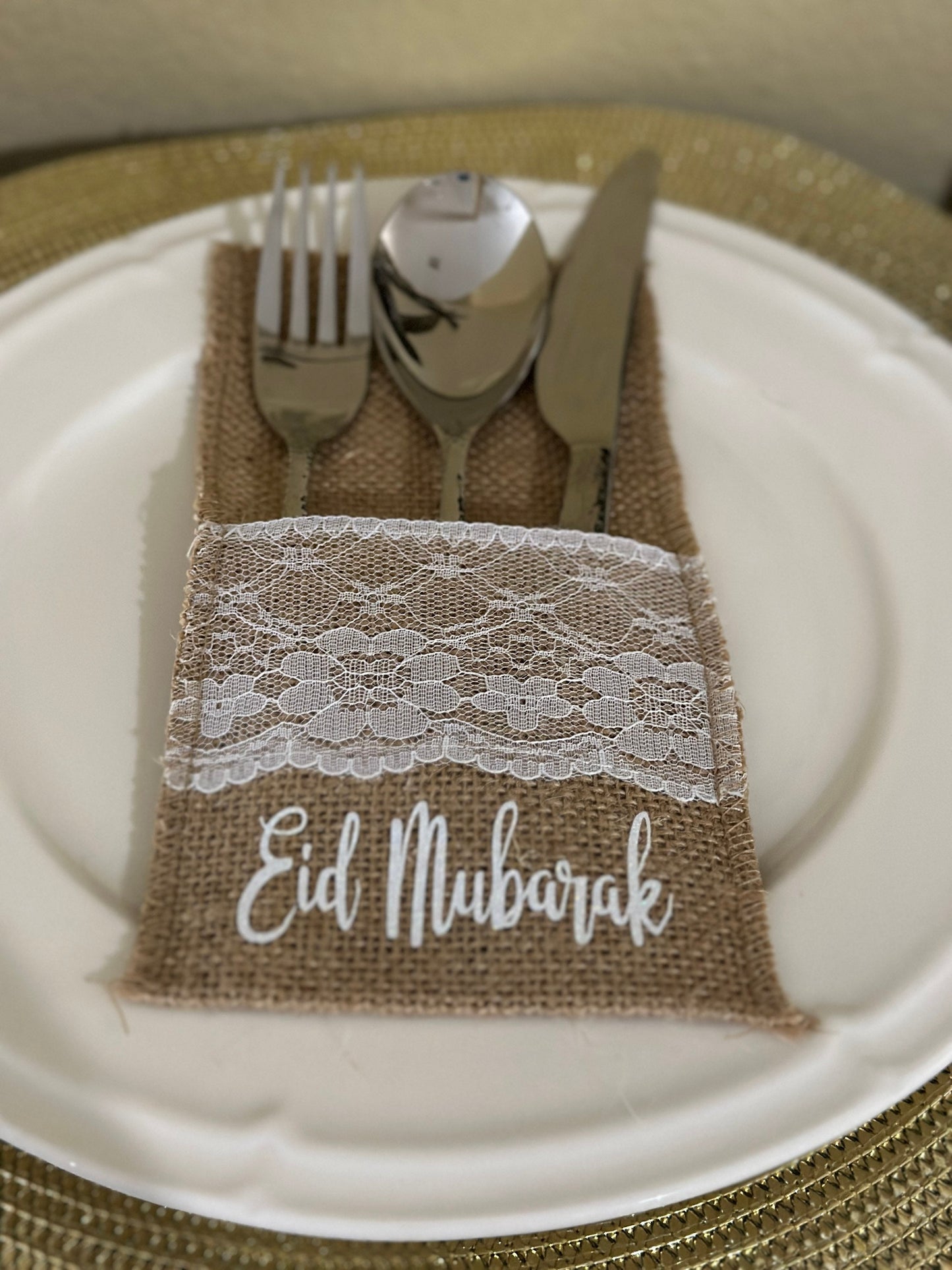 Customized Burlap Silverware Holders with White Lace