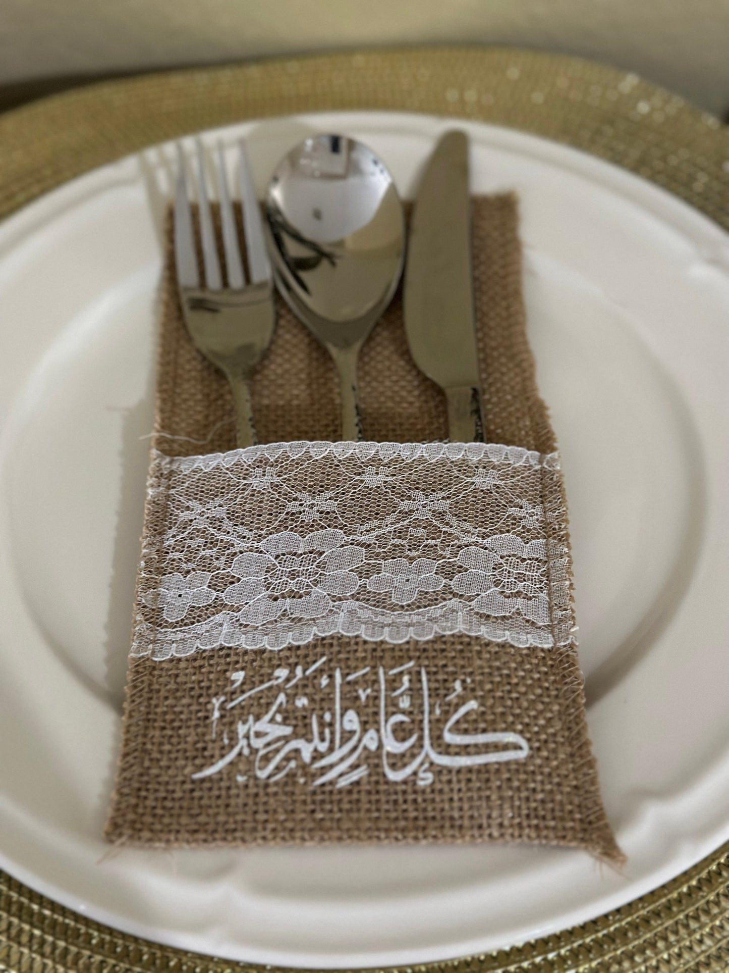 Customized Burlap Silverware Holders with White Lace