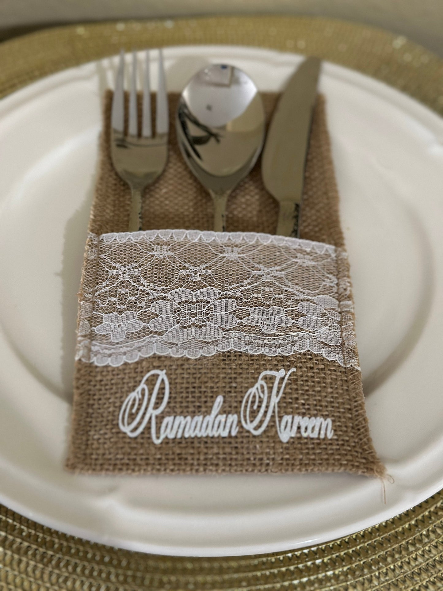 Customized Burlap Silverware Holders with White Lace
