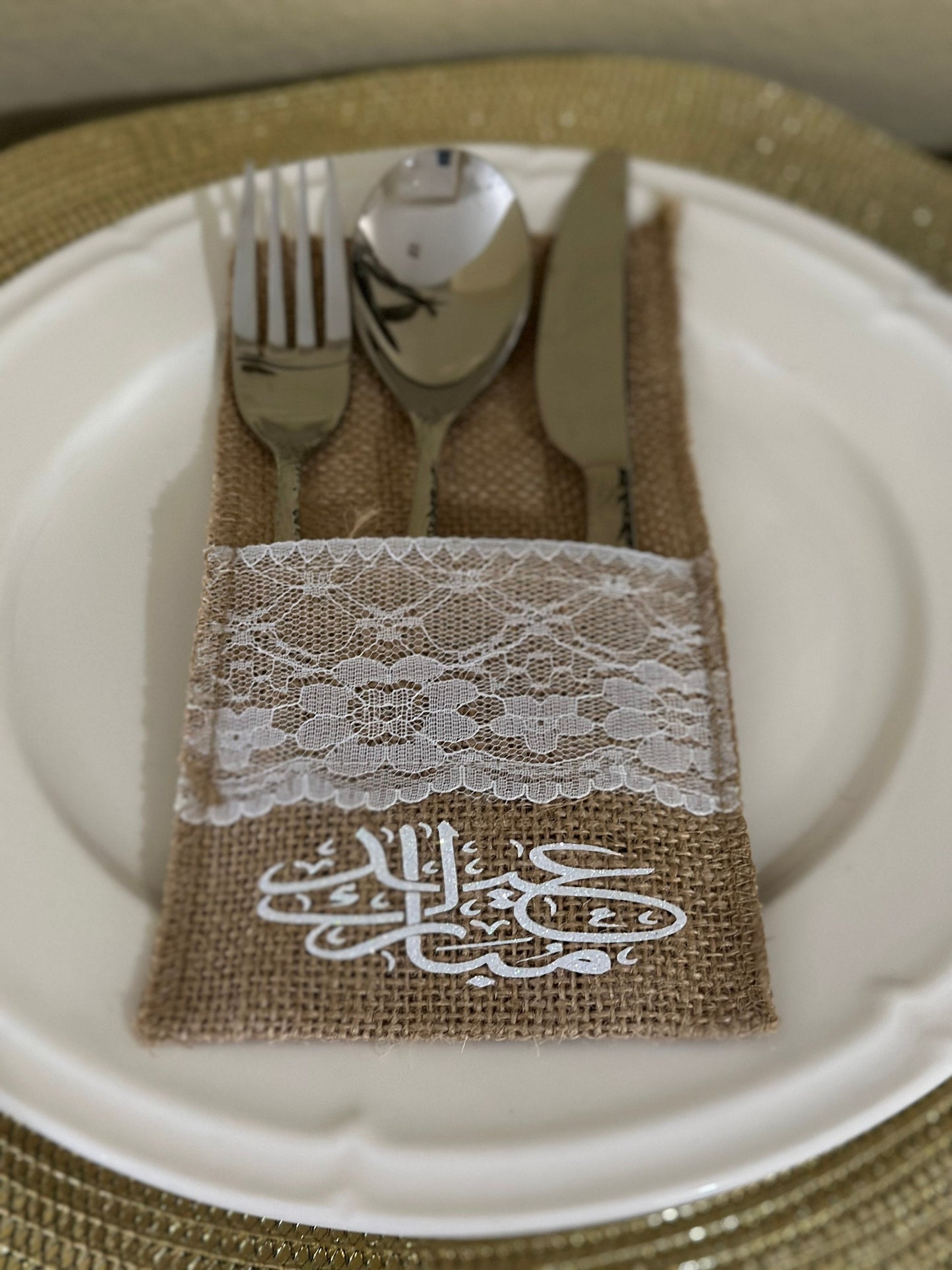 Customized Burlap Silverware Holders with White Lace
