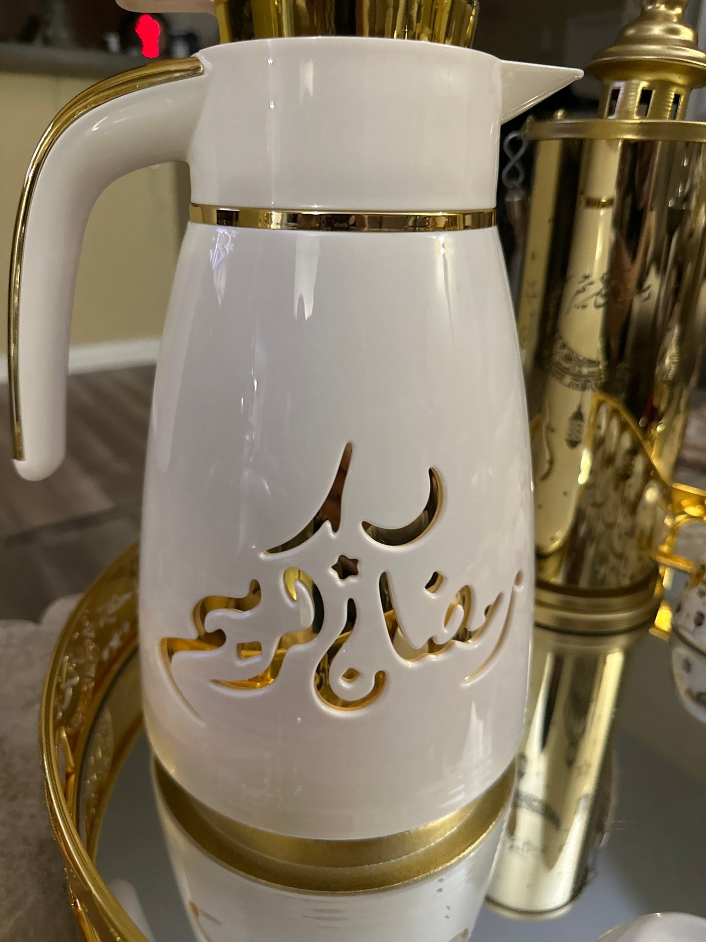 Luxury white and gold Ramadan Kareem coffee or tea dallah